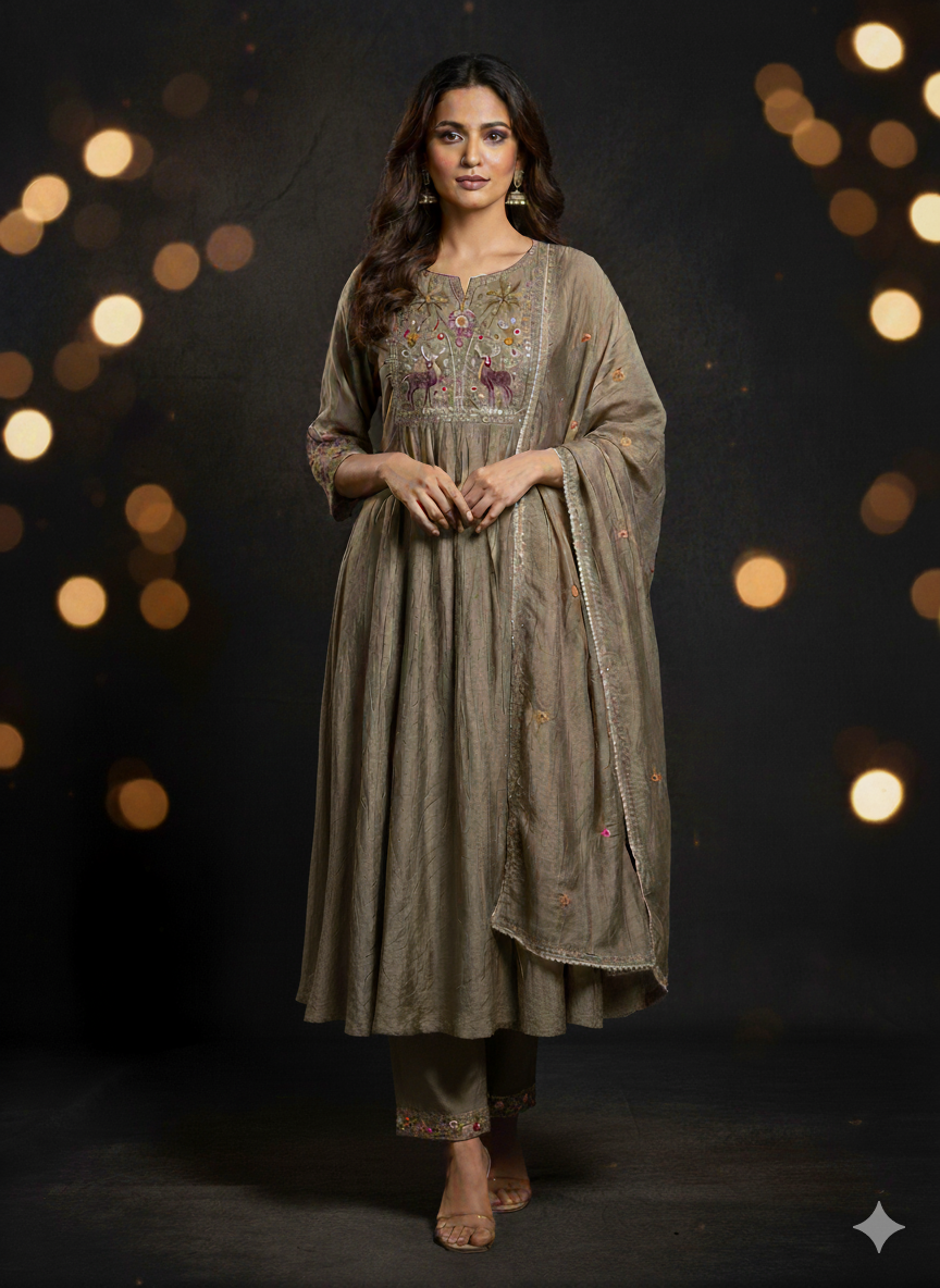 Elegant Taupe 3-Piece Embroidered Suit Set