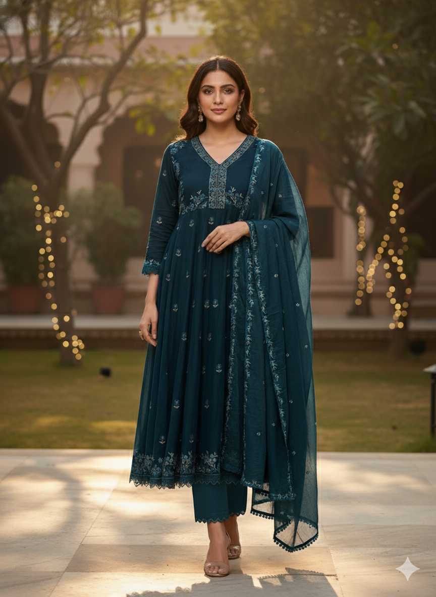 Teal Blue 3-Piece Embroidered Anarkali Suit Set