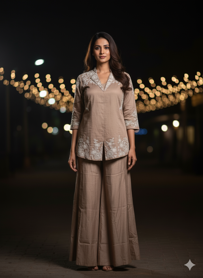 Elegant Taupe Co-ord Set with Embroidered Detailing