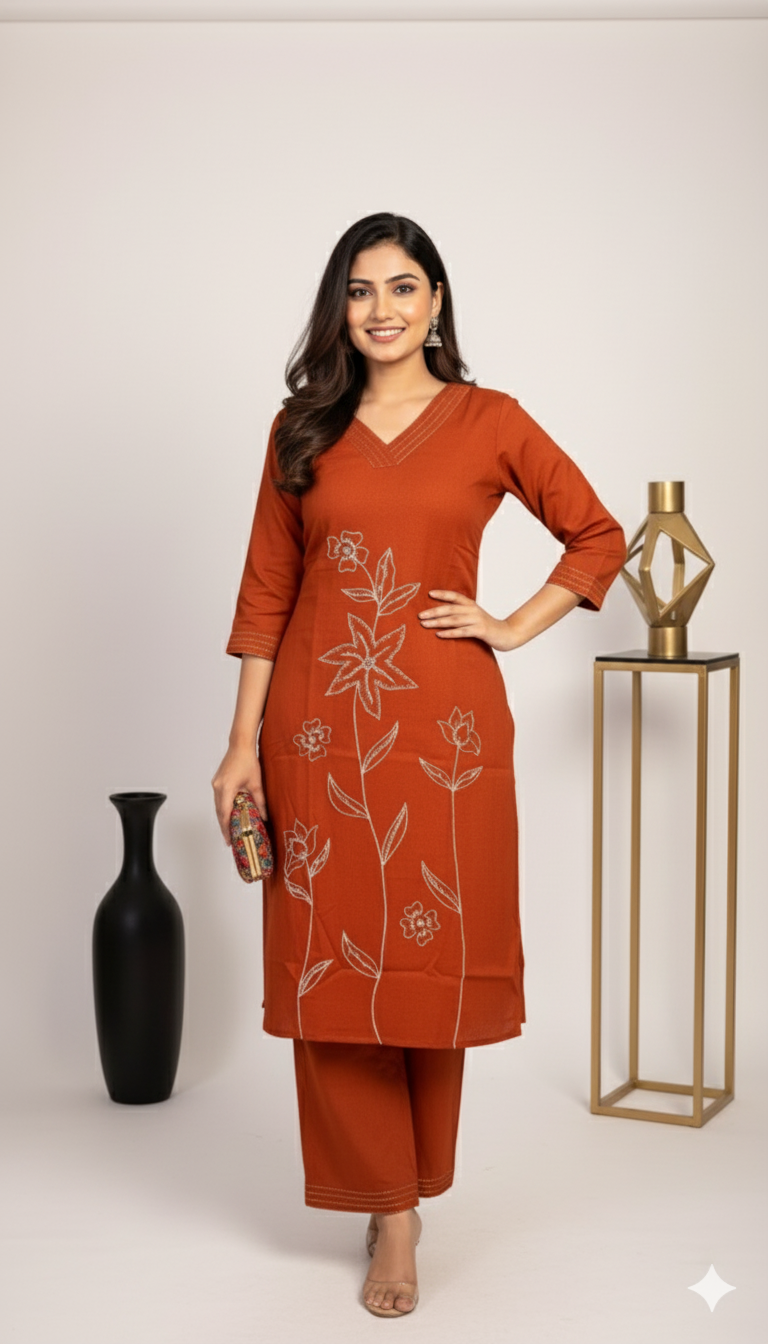 Rust Floral Embroidered Kurti Pant Set