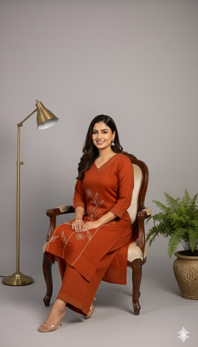 Rust Floral Embroidered Kurti Pant Set