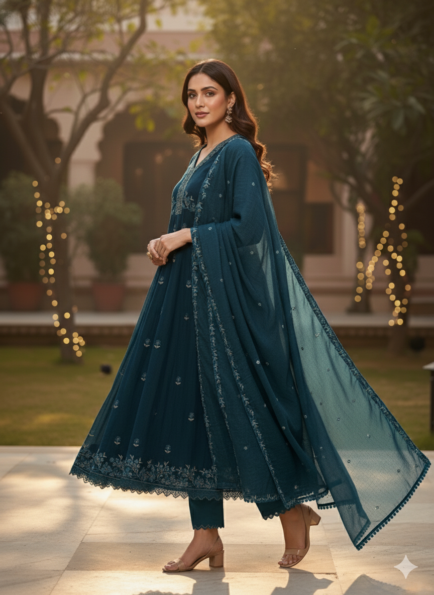 Teal Blue 3-Piece Embroidered Anarkali Suit Set