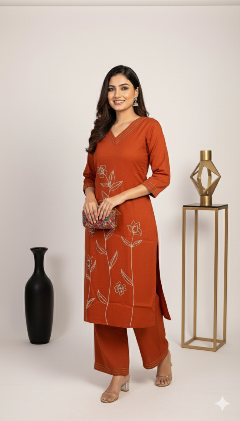 Rust Floral Embroidered Kurti Pant Set