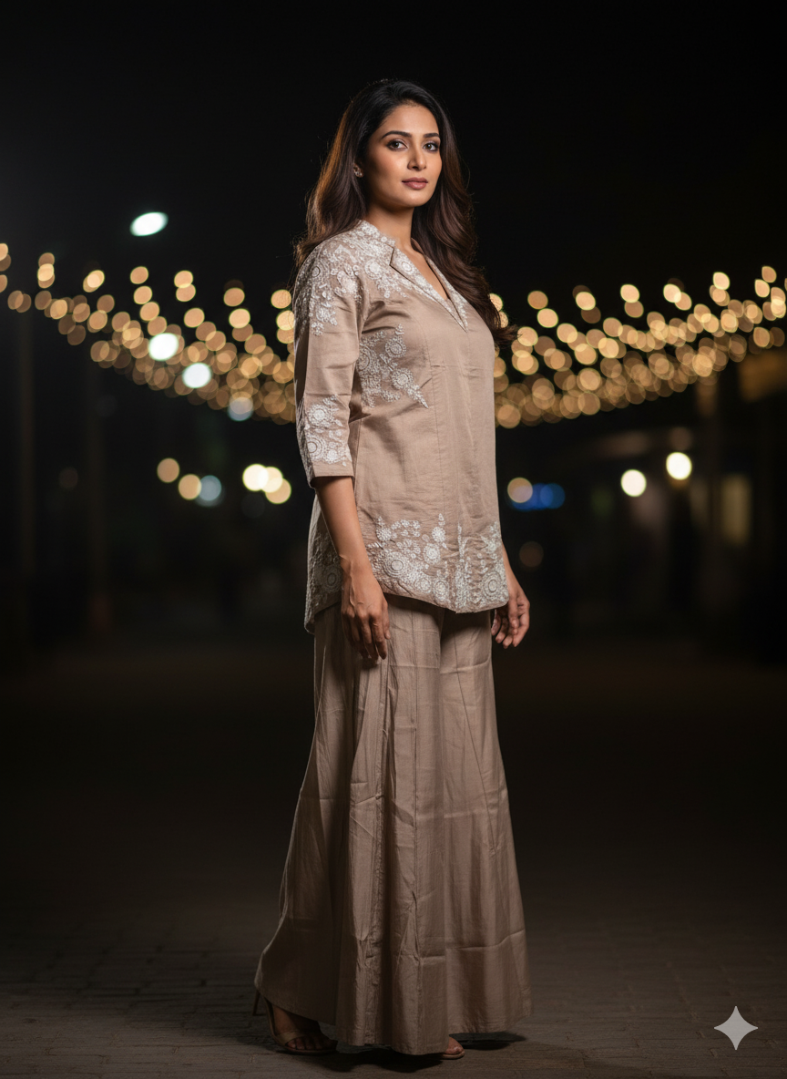 Elegant Taupe Co-ord Set with Embroidered Detailing