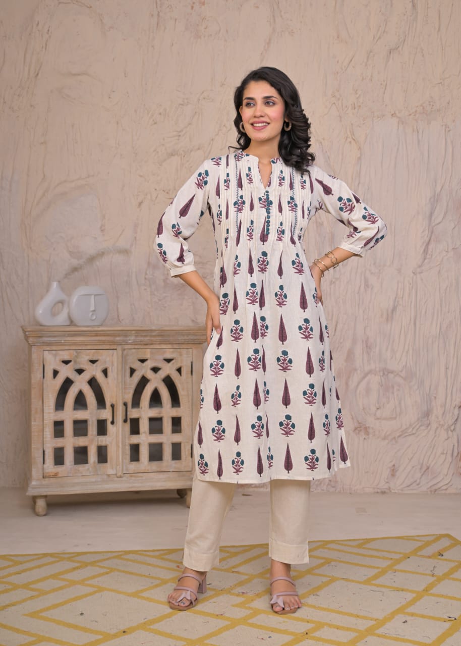 Ivory Garden Handblock Printed Kurti Set – Timeless & Breezy