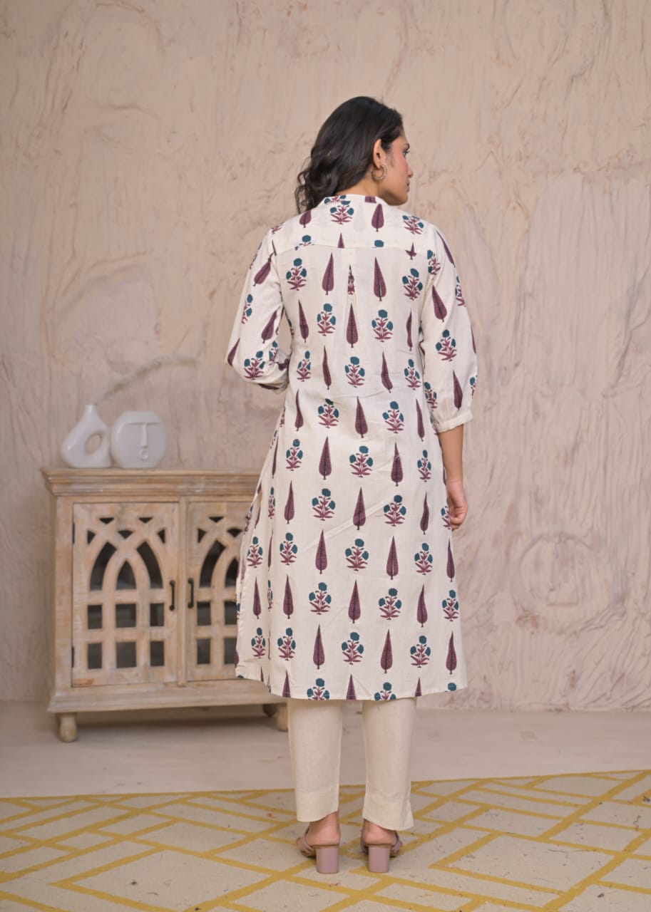 Ivory Garden Handblock Printed Kurti Set – Timeless & Breezy