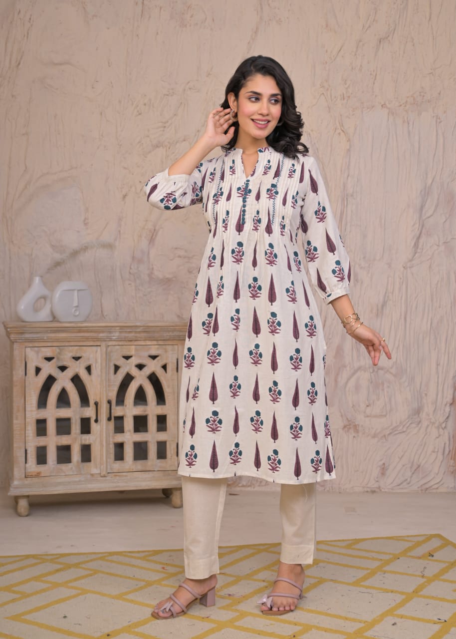 Ivory Garden Handblock Printed Kurti Set – Timeless & Breezy