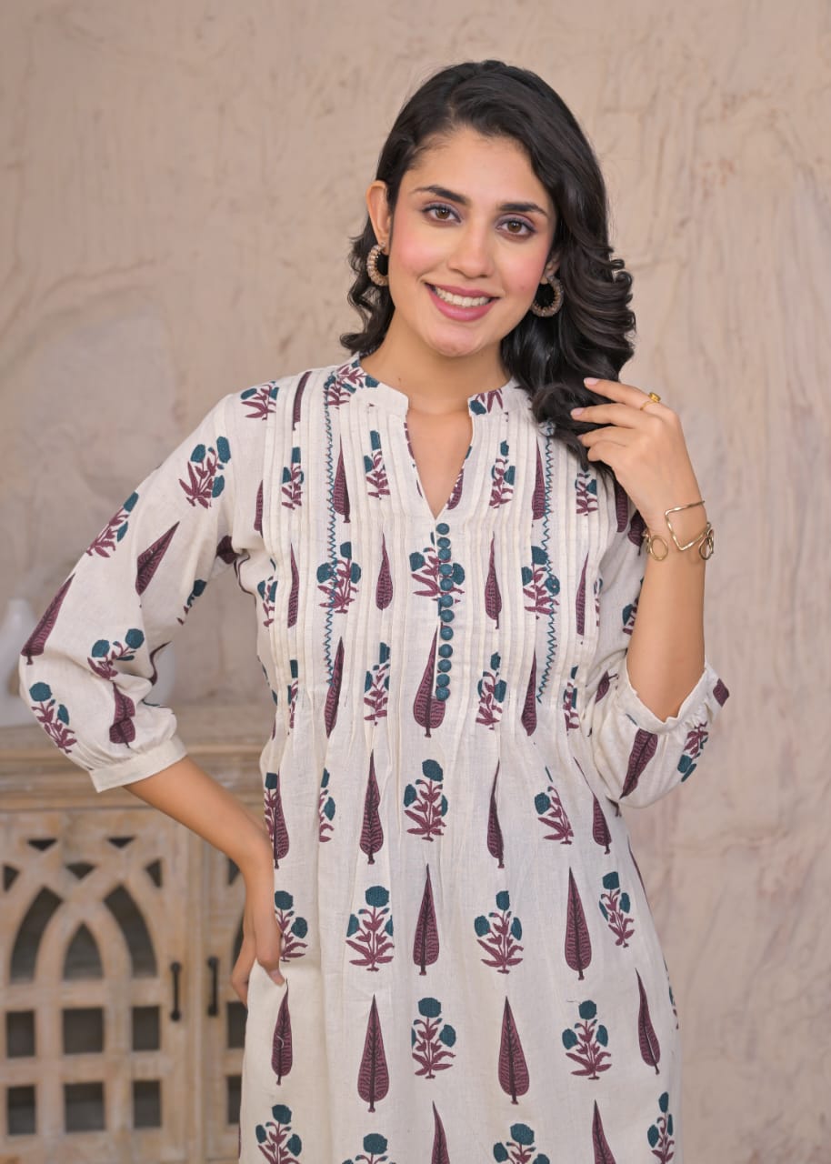 Ivory Garden Handblock Printed Kurti Set – Timeless & Breezy
