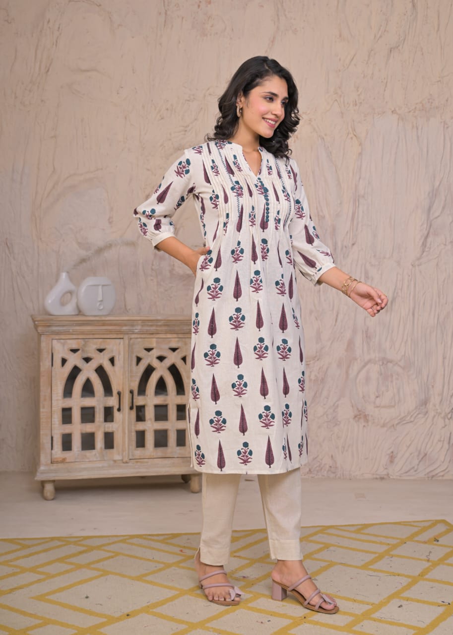 Ivory Garden Handblock Printed Kurti Set – Timeless & Breezy