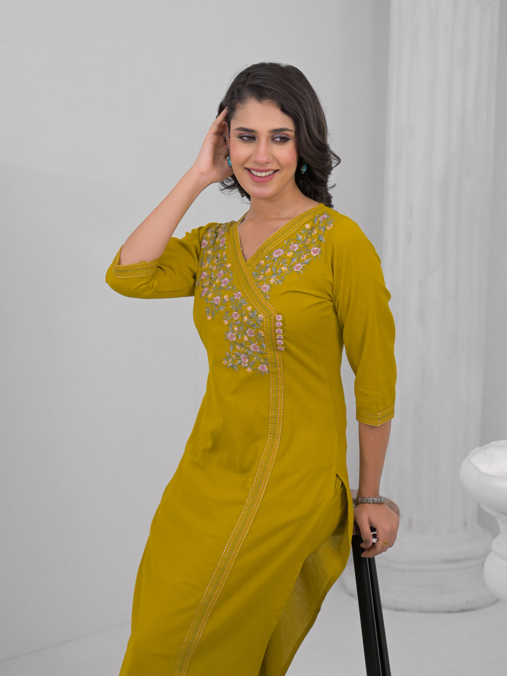 Mustard Yellow Embroidered Kurti Set