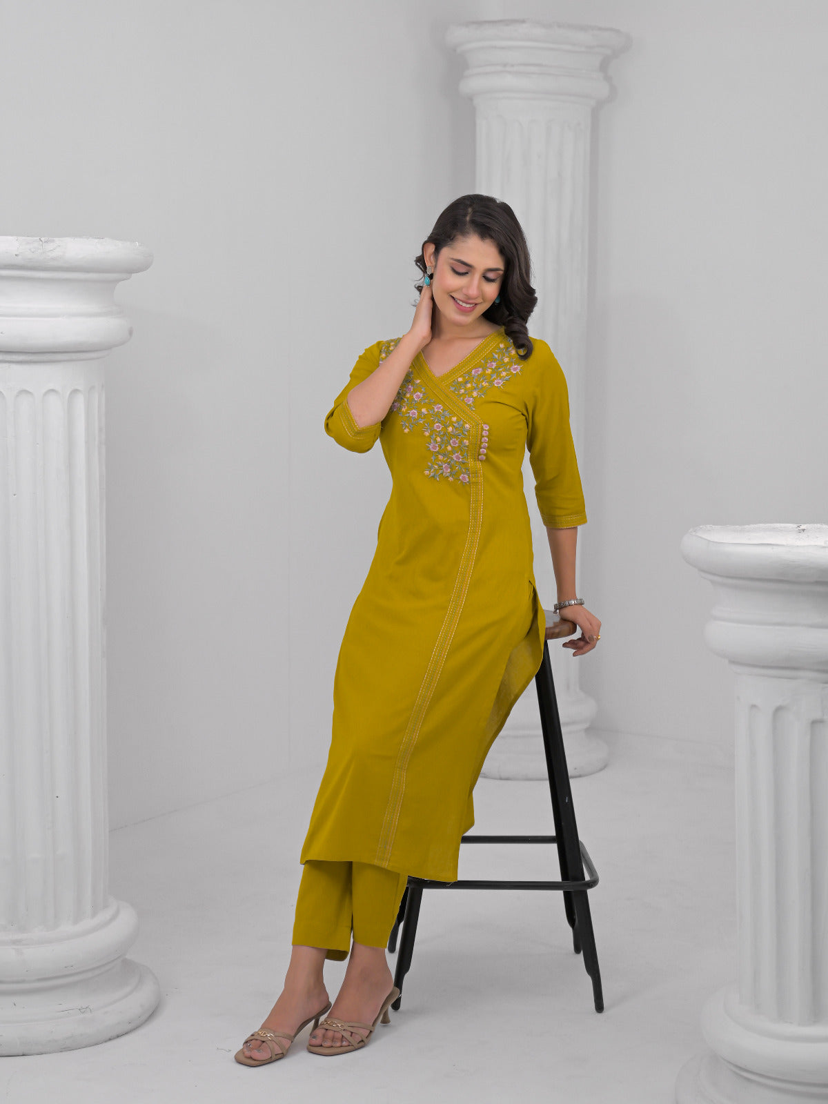 Mustard Yellow Embroidered Kurti Set