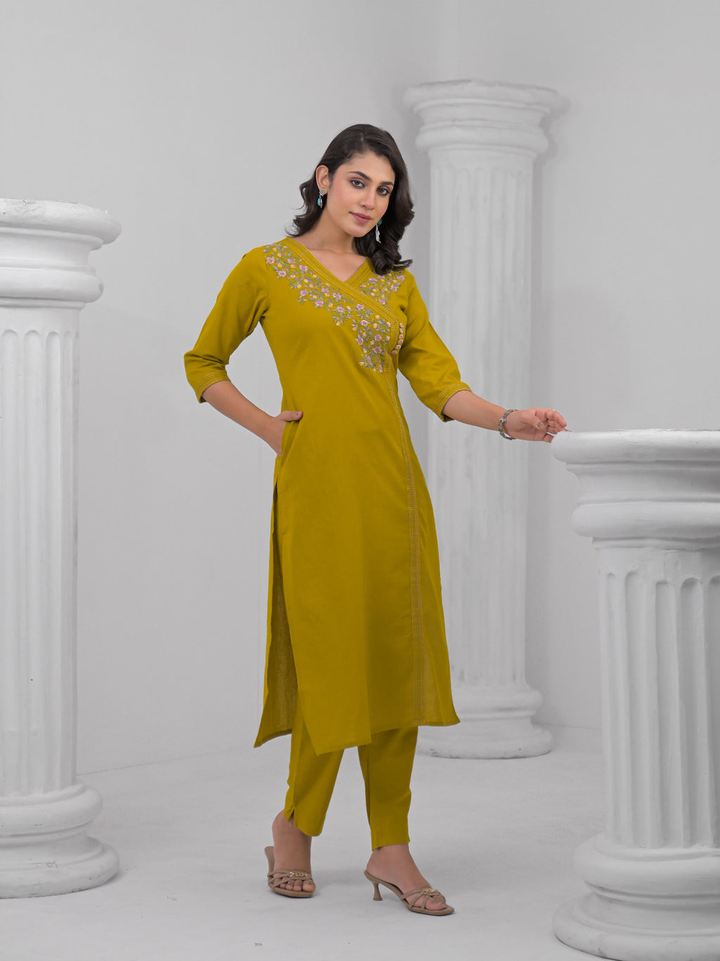 Mustard Yellow Embroidered Kurti Set