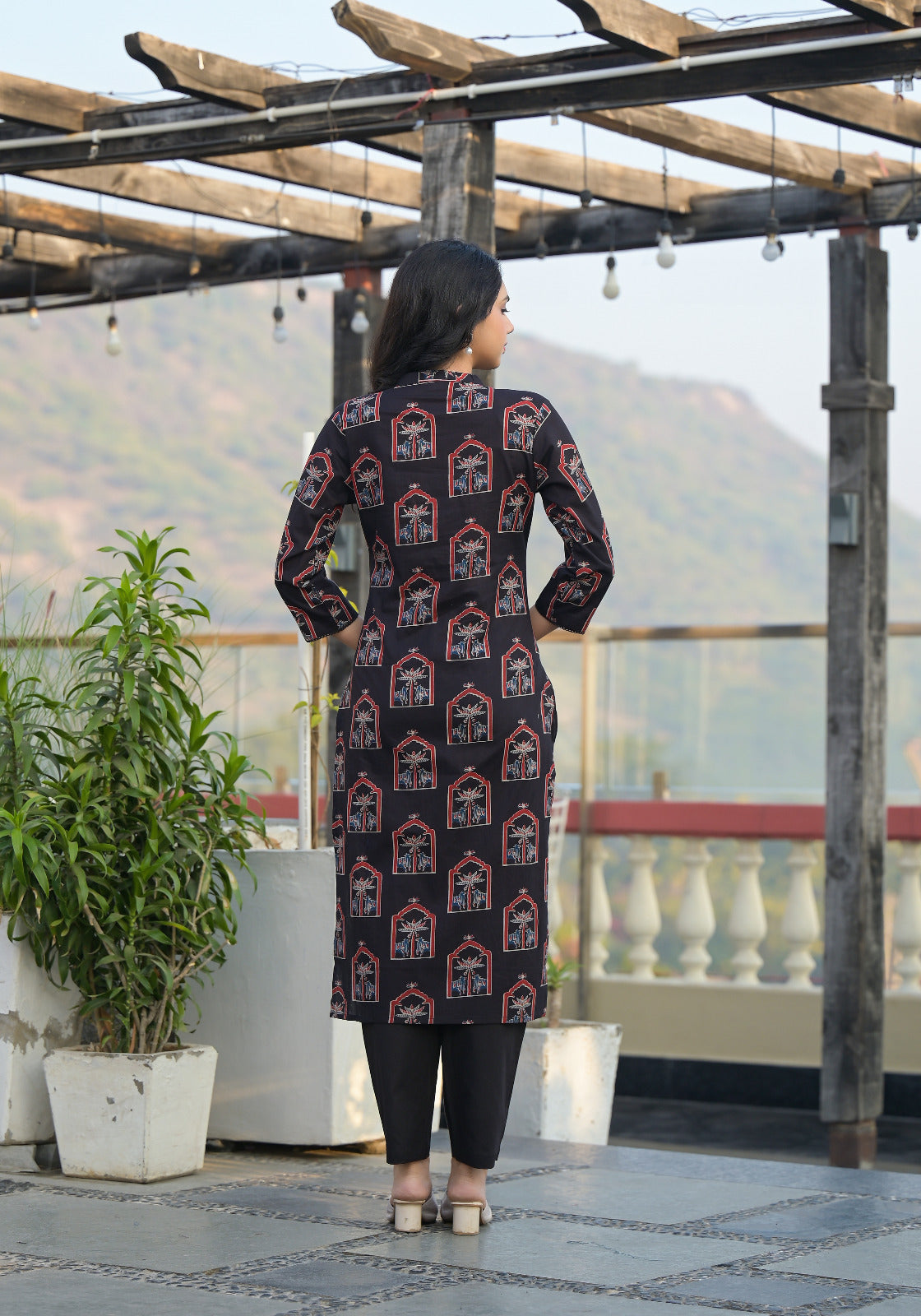 Midnight Black Printed Straight Kurti Set