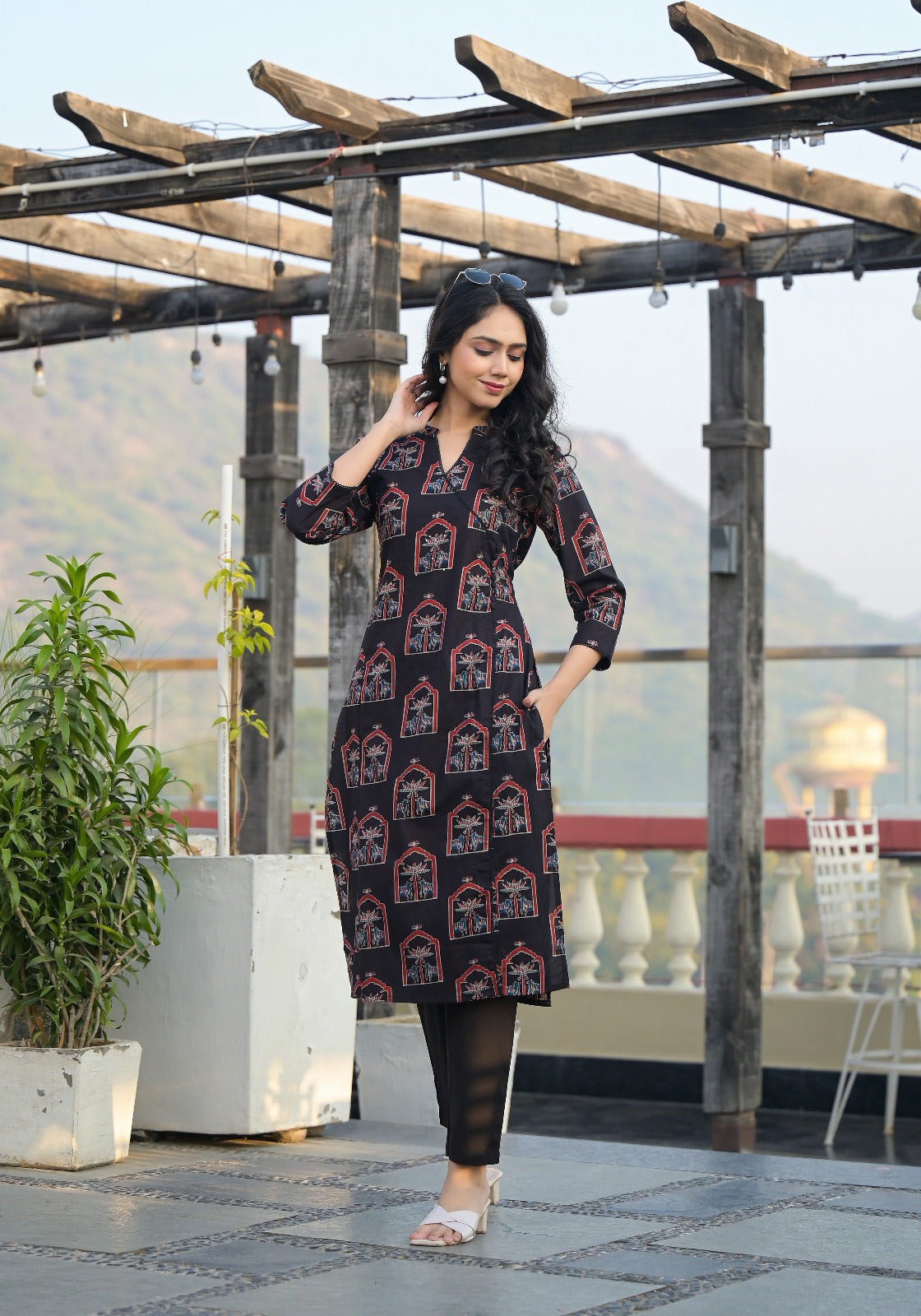 Midnight Black Printed Straight Kurti Set