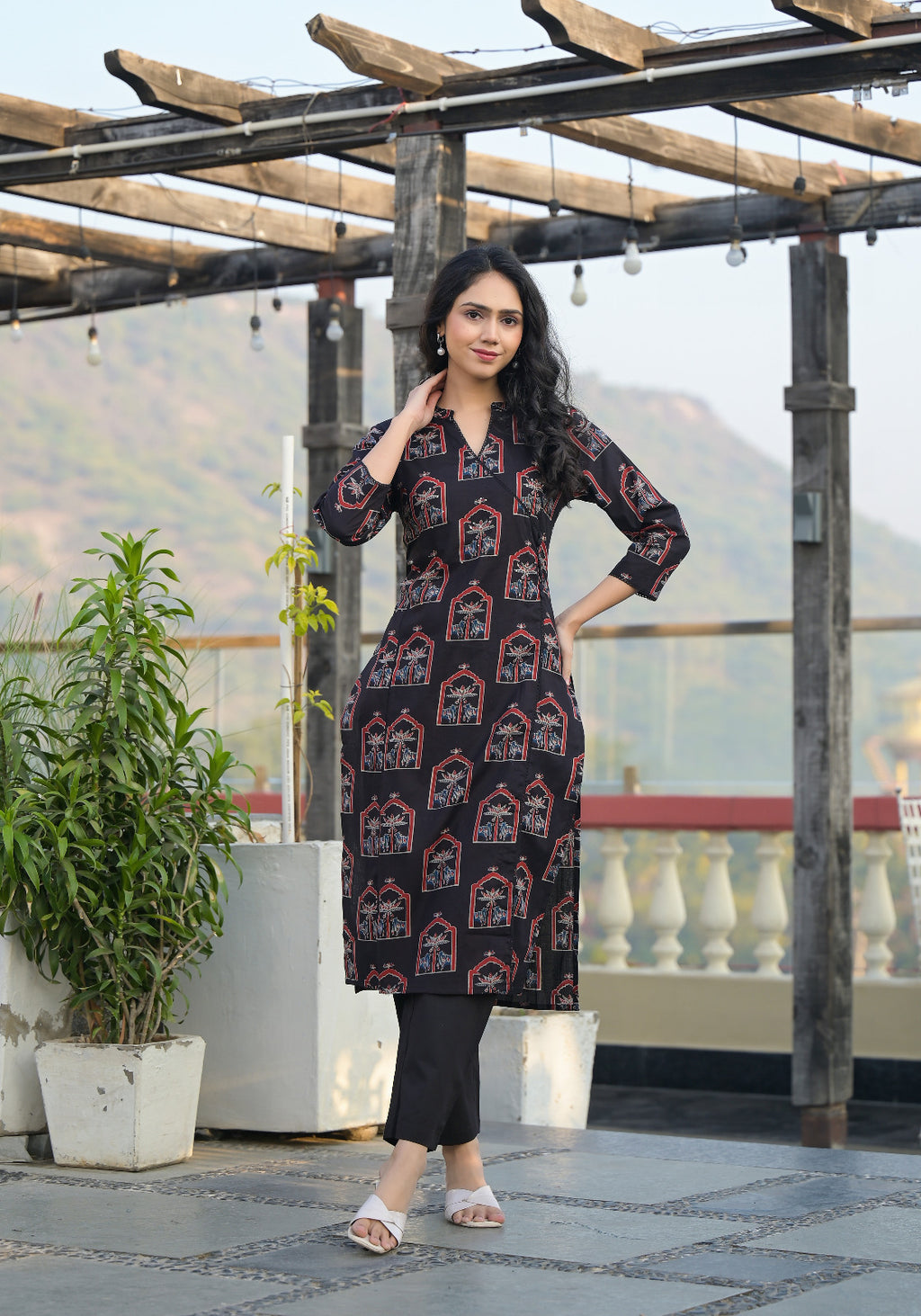 Midnight Black Printed Straight Kurti Set