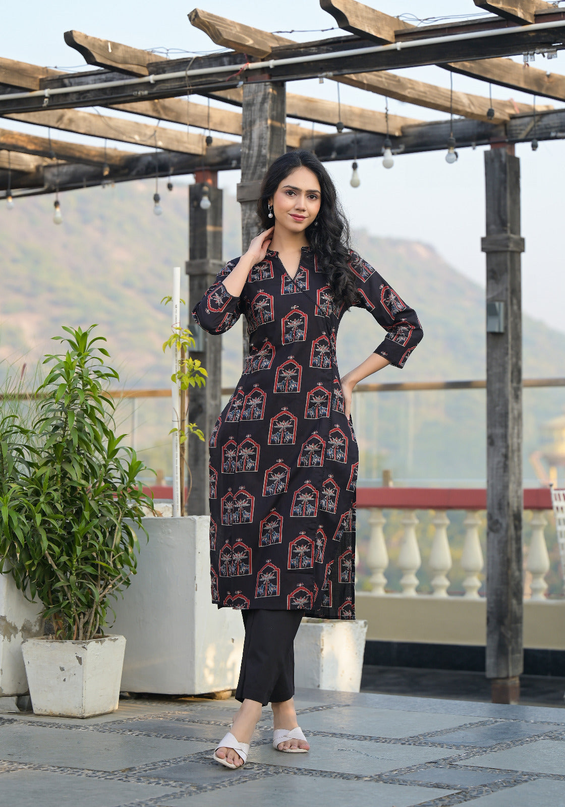Midnight Black Printed Straight Kurti Set
