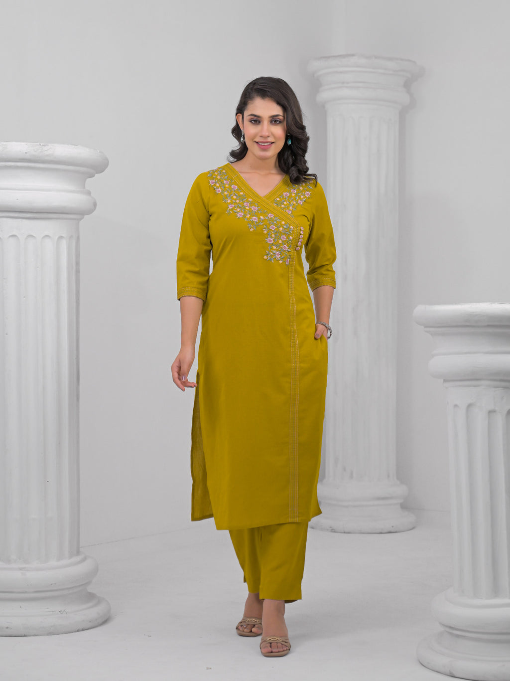 Mustard Yellow Embroidered Kurti Set