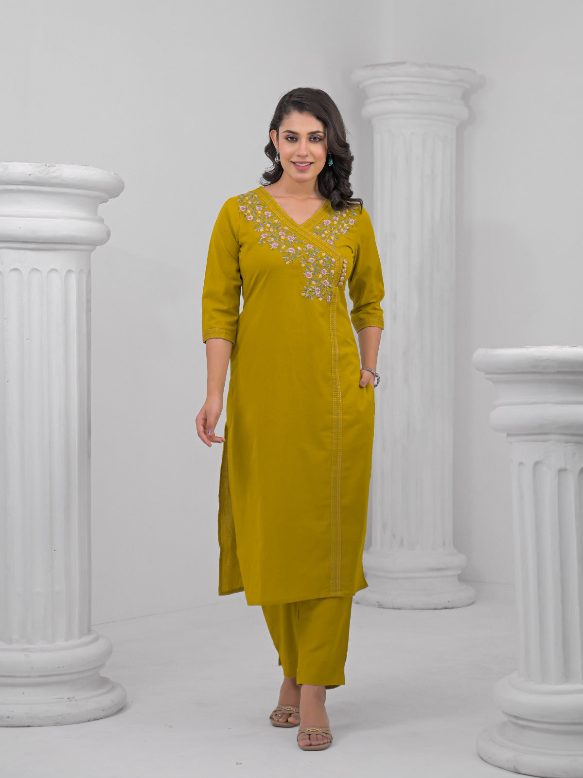 Mustard Yellow Embroidered Kurti Set