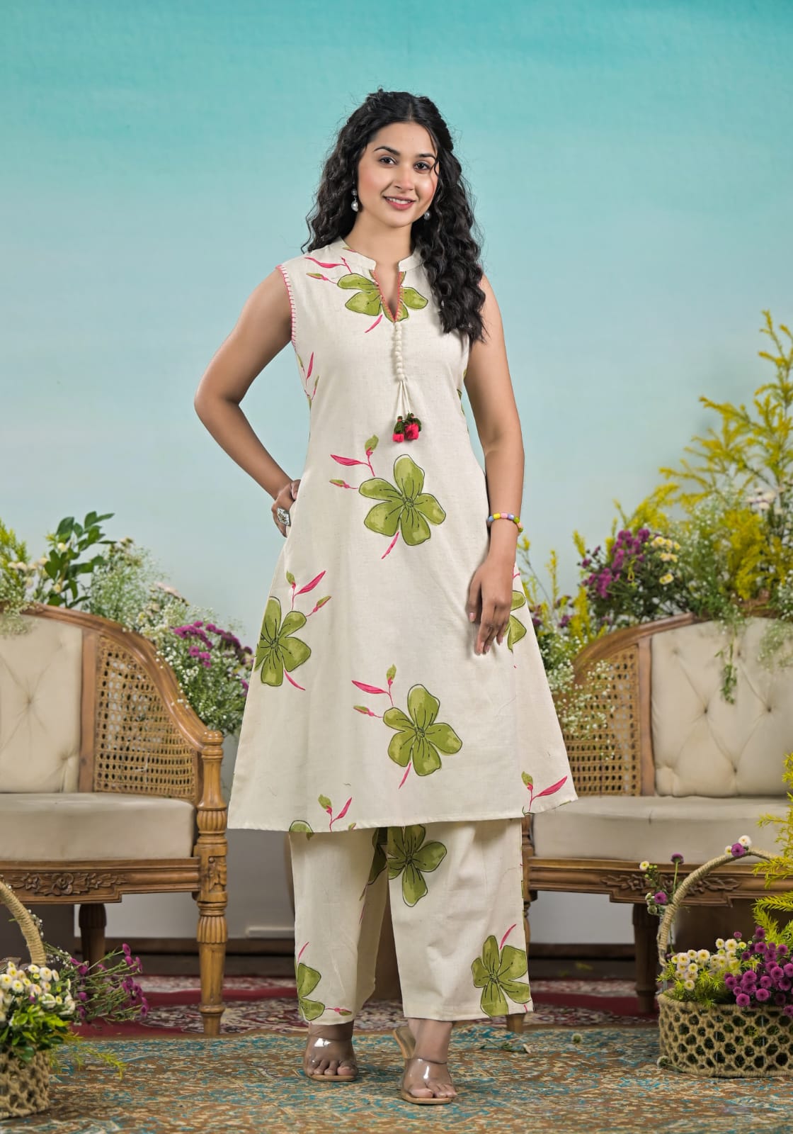 Ivory Floral Handblock Co-ord Set