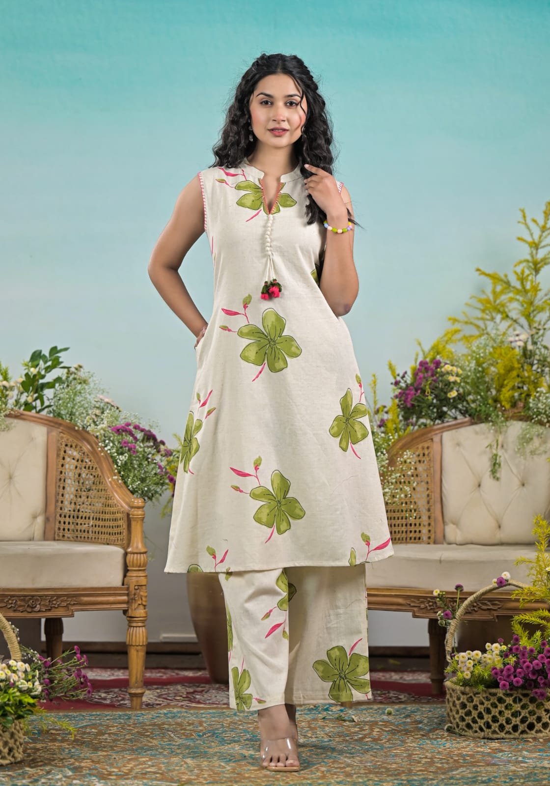 Ivory Floral Handblock Co-ord Set