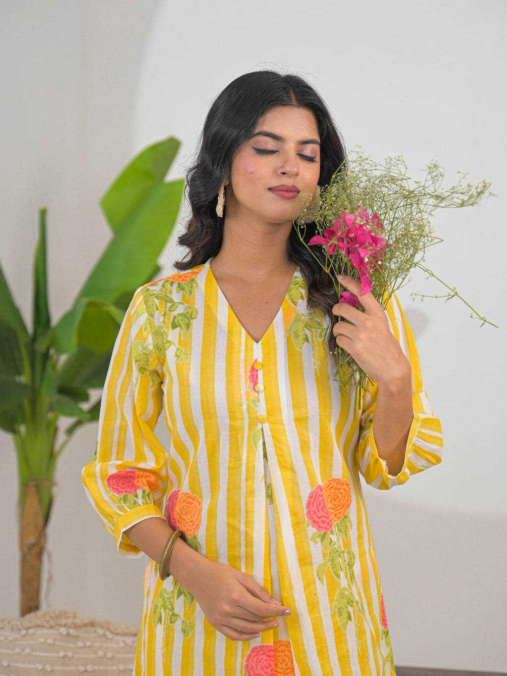 Sunshine Yellow Floral Striped Co-ord Set