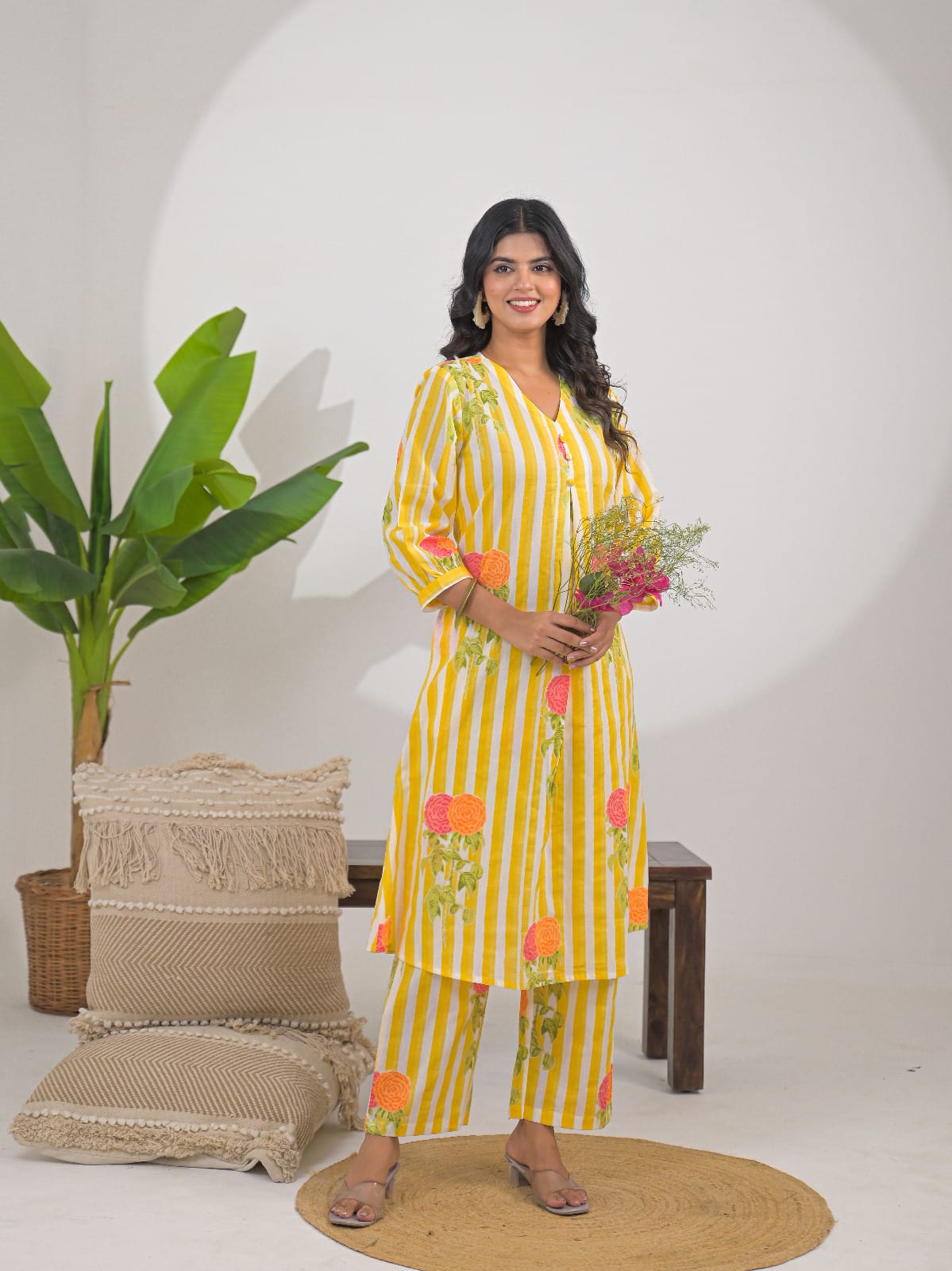 Sunshine Yellow Floral Striped Co-ord Set
