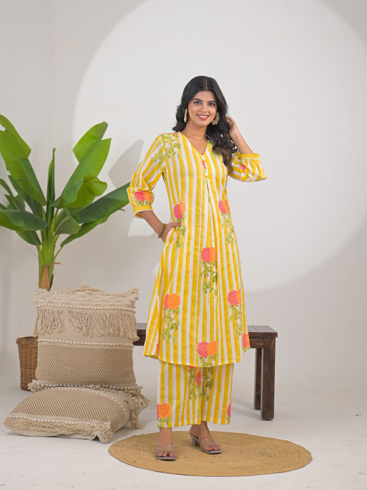 Sunshine Yellow Floral Striped Co-ord Set
