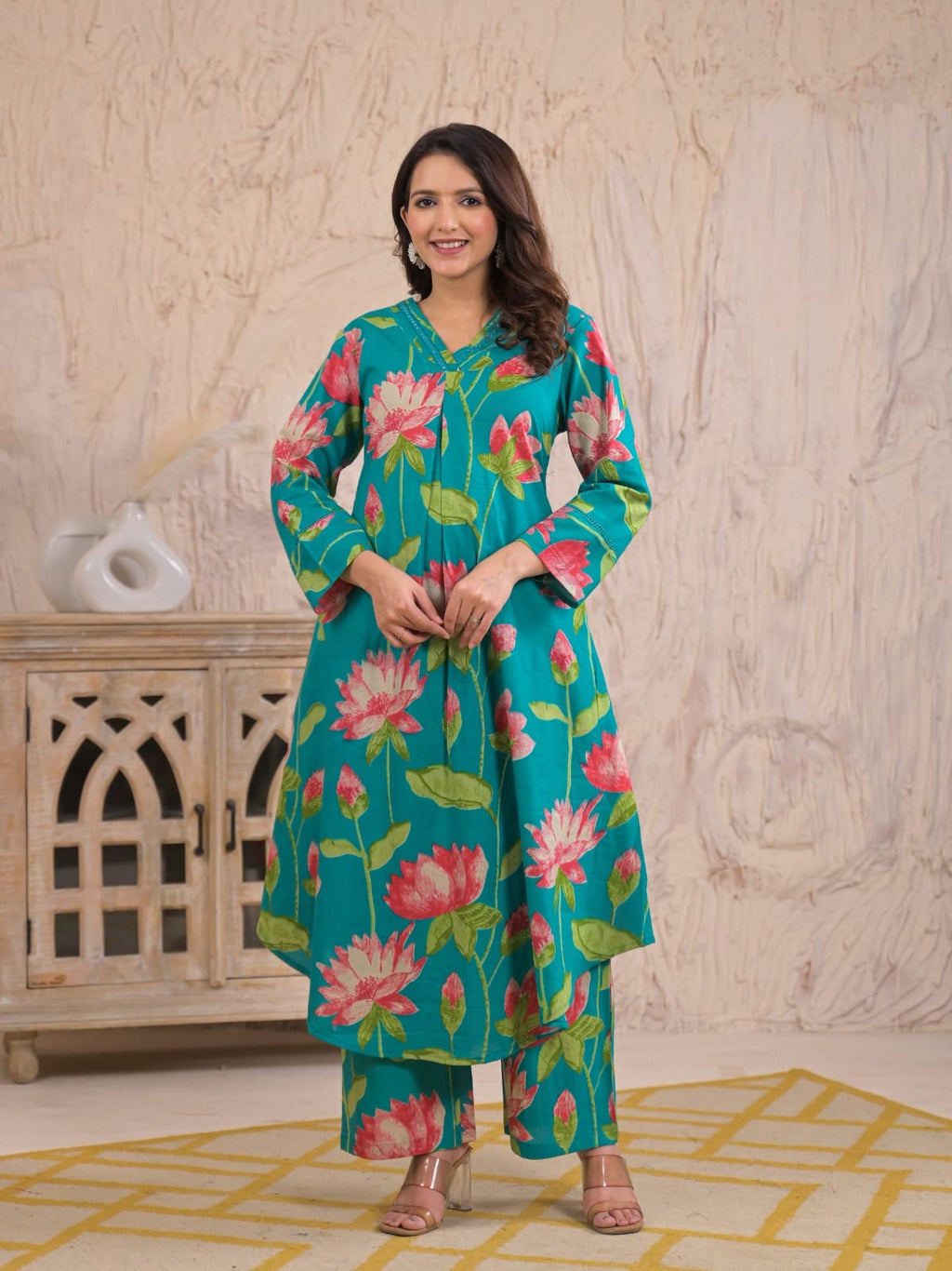 Teal Lotus Print Cotton Co-ord Set