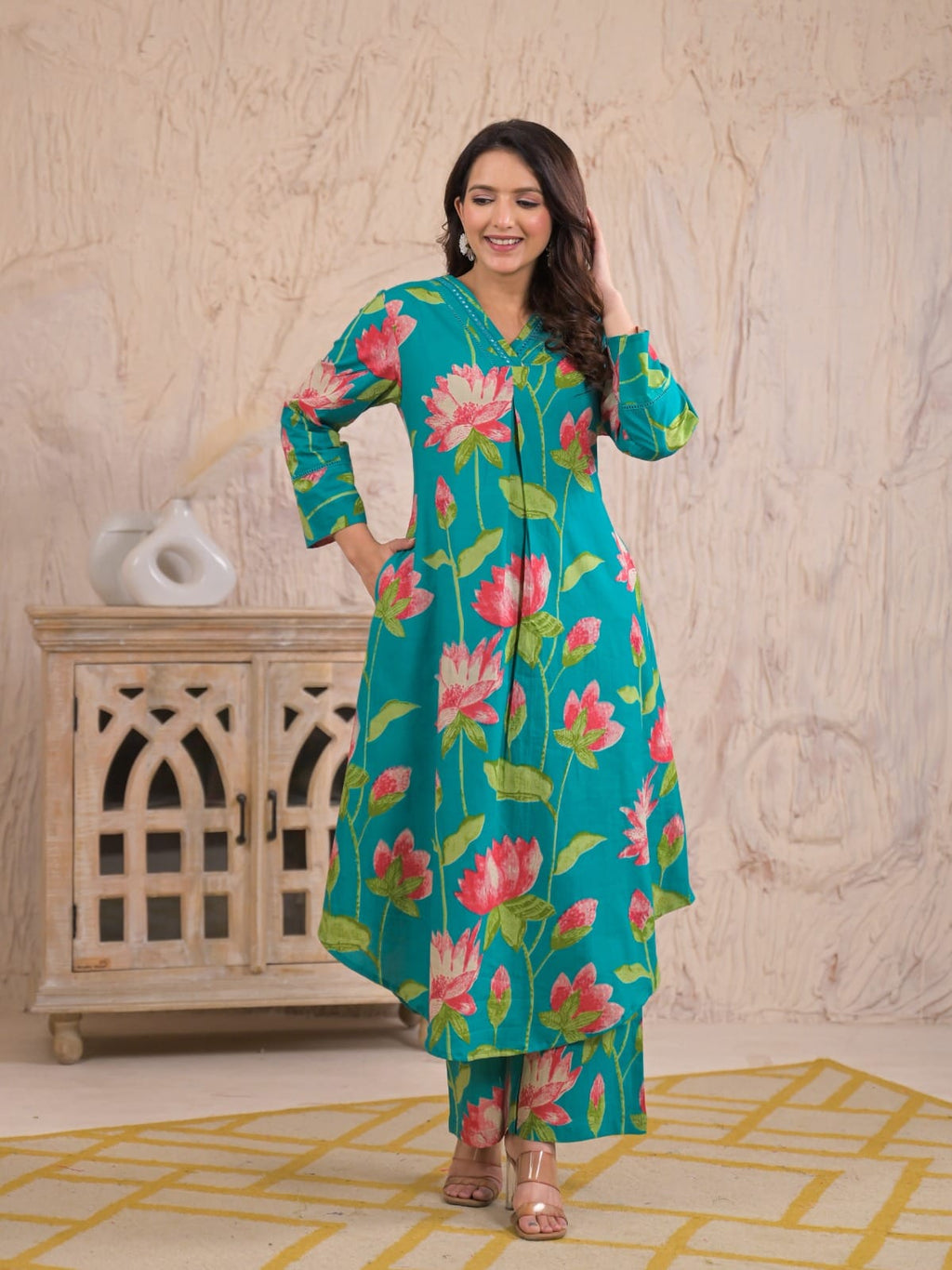 Teal Lotus Print Cotton Co-ord Set