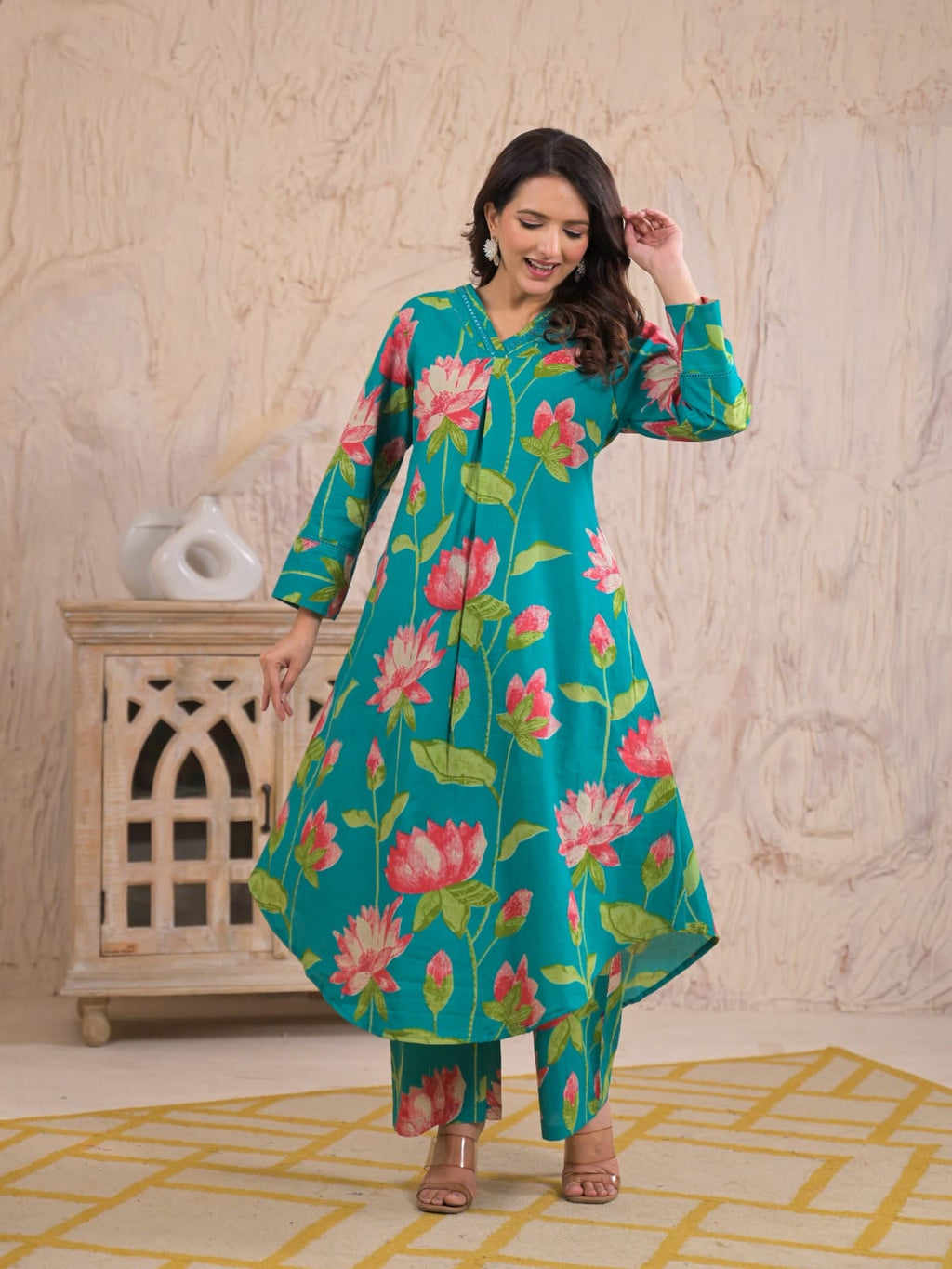 Teal Lotus Print Cotton Co-ord Set