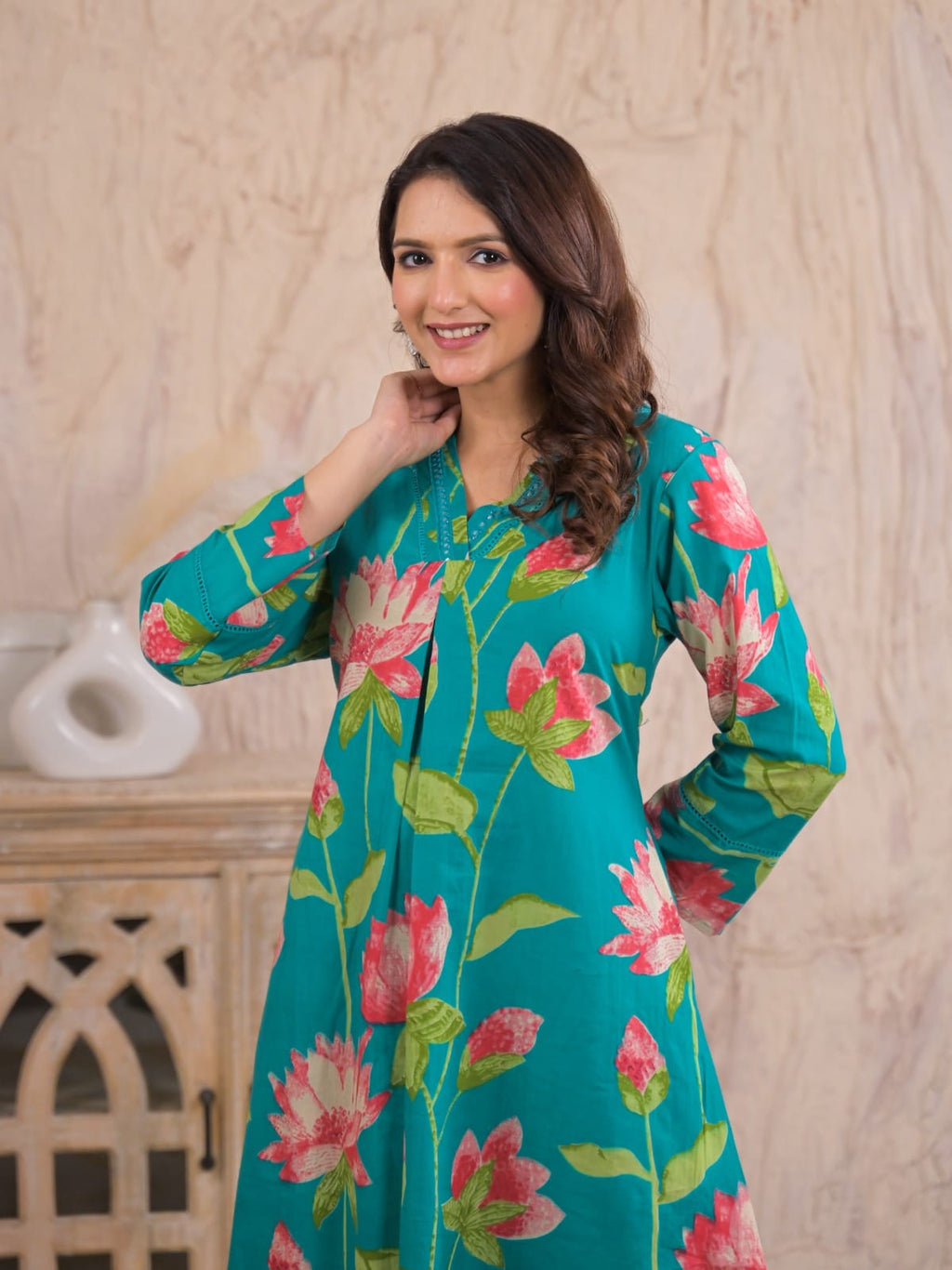 Teal Lotus Print Cotton Co-ord Set