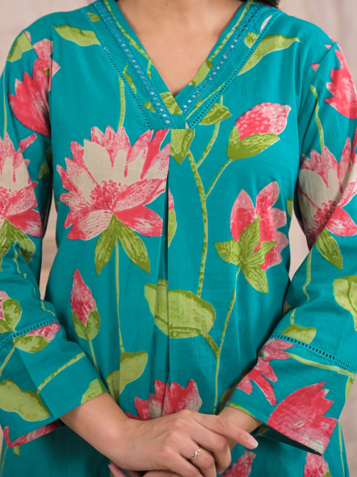 Teal Lotus Print Cotton Co-ord Set