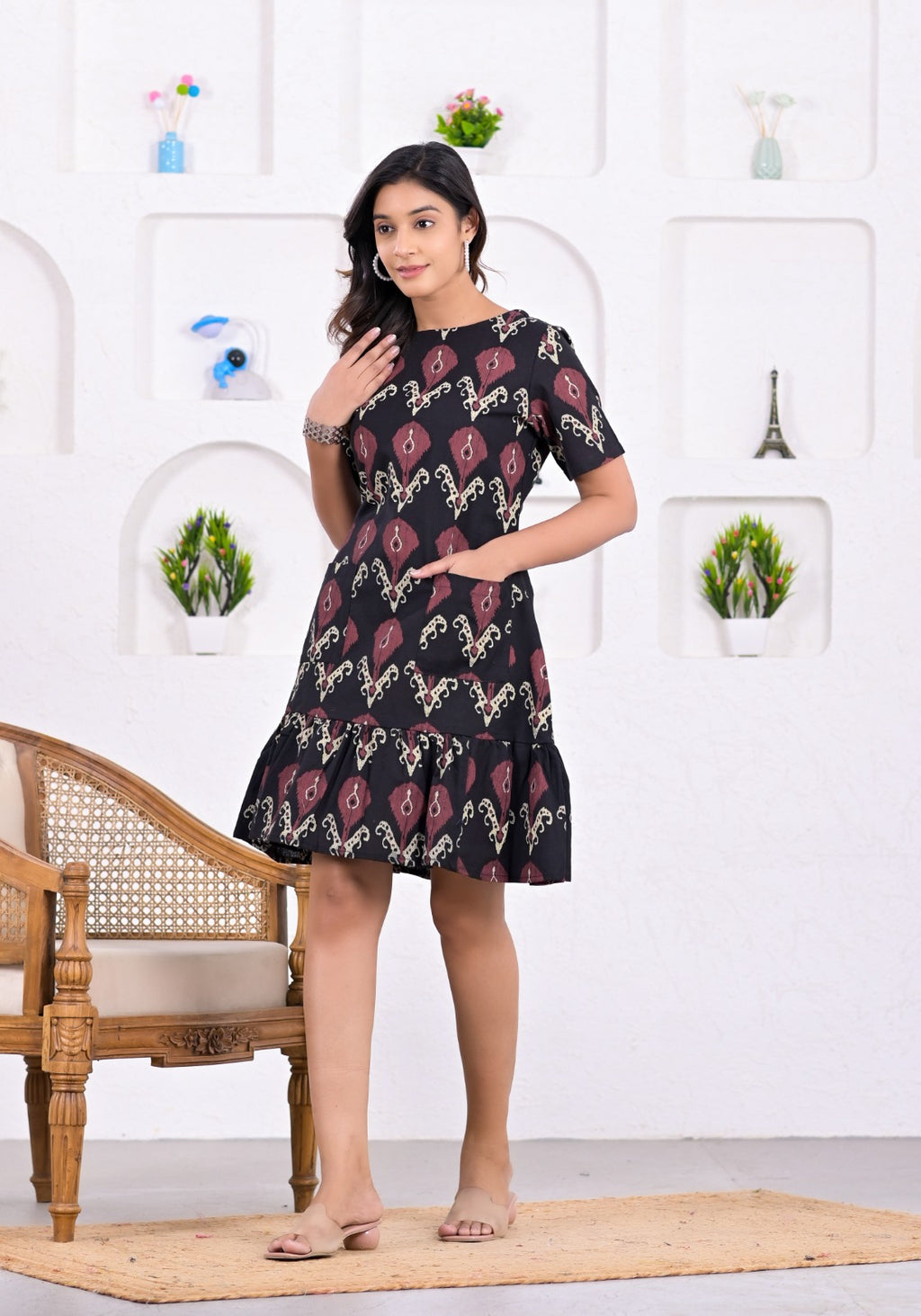 Elegant Maroon & Black Ikat Cotton Dress