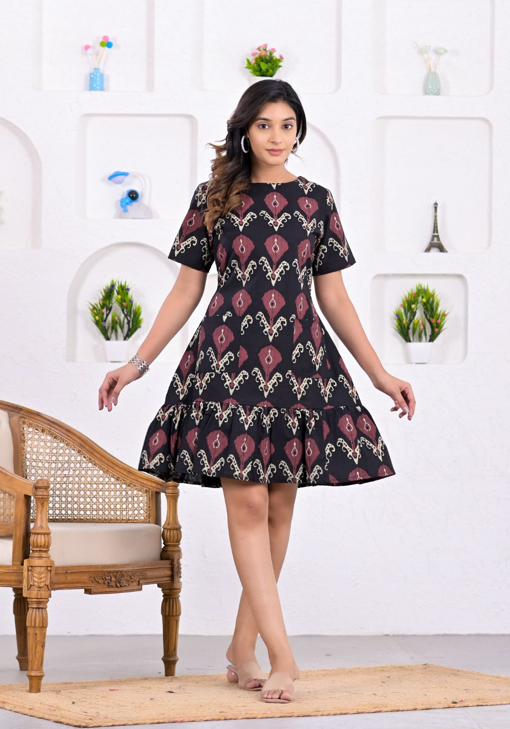 Elegant Maroon & Black Ikat Cotton Dress