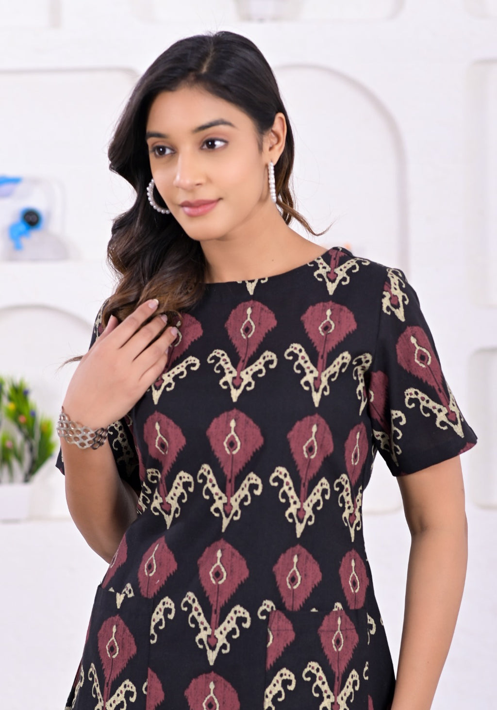 Elegant Maroon & Black Ikat Cotton Dress