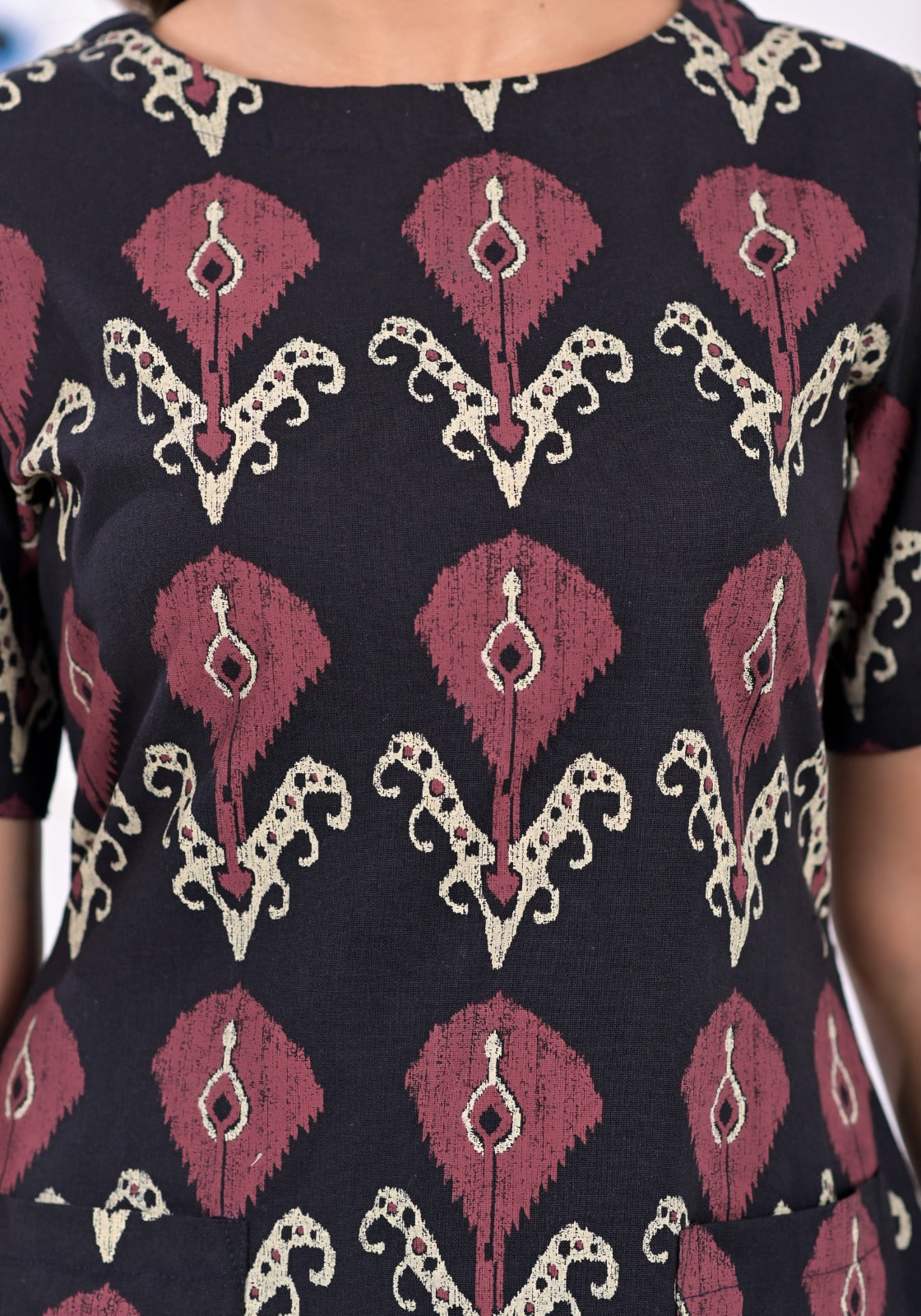 Elegant Maroon & Black Ikat Cotton Dress