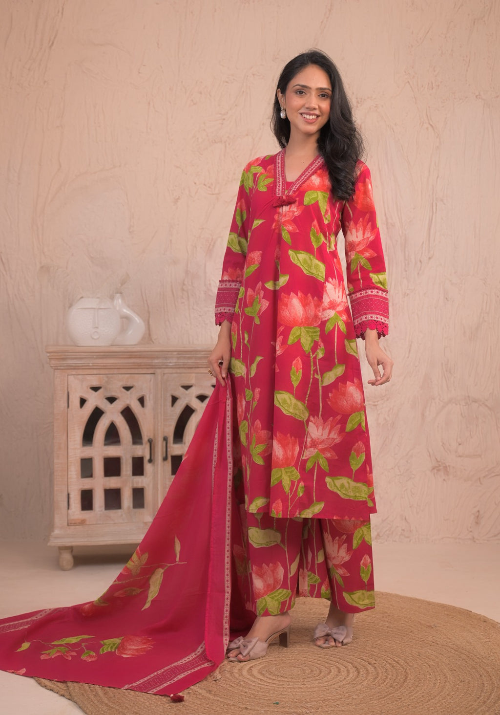 Dark Pink Floral Kurta Set with Dupatta