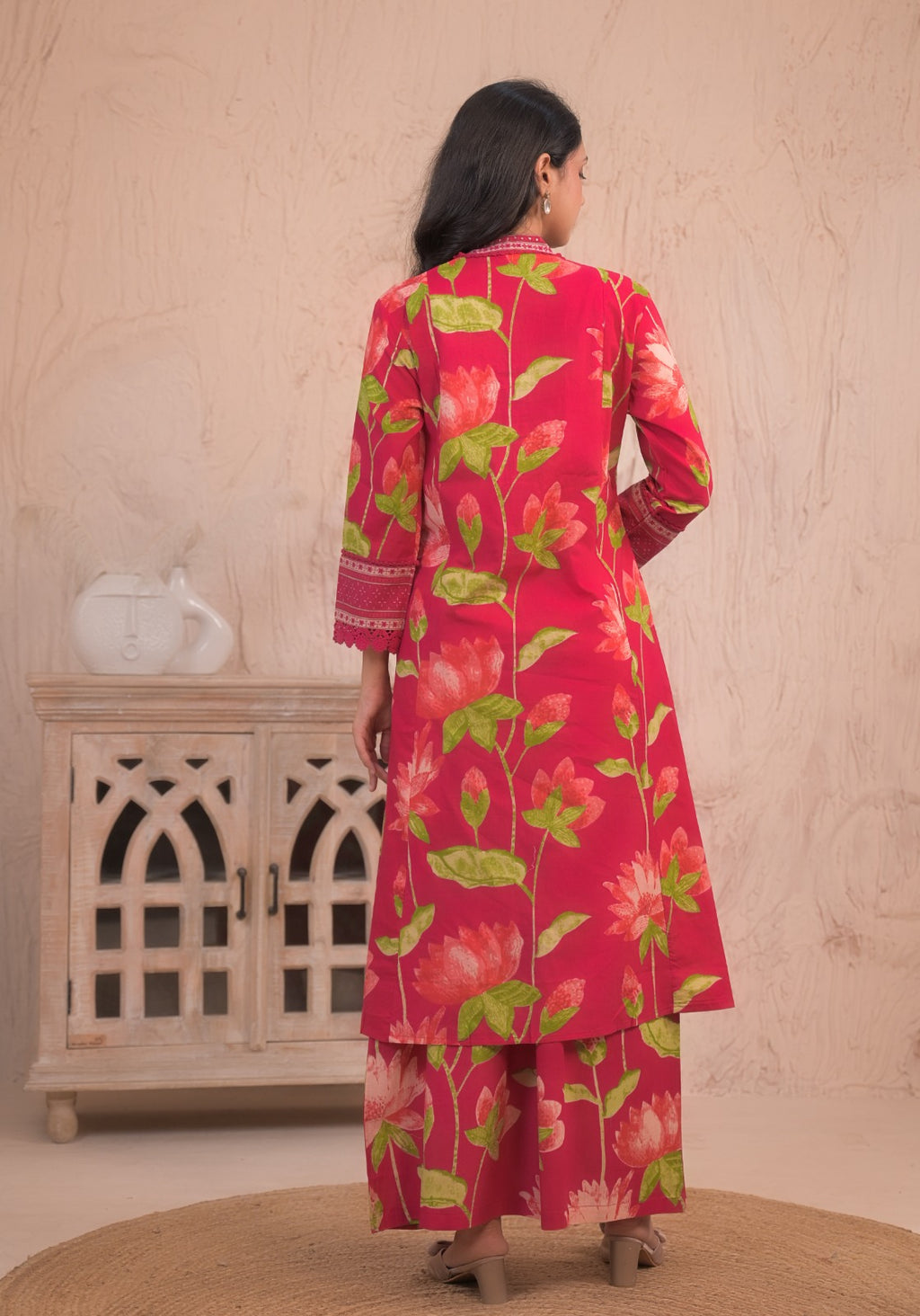 Dark Pink Floral Kurta Set with Dupatta