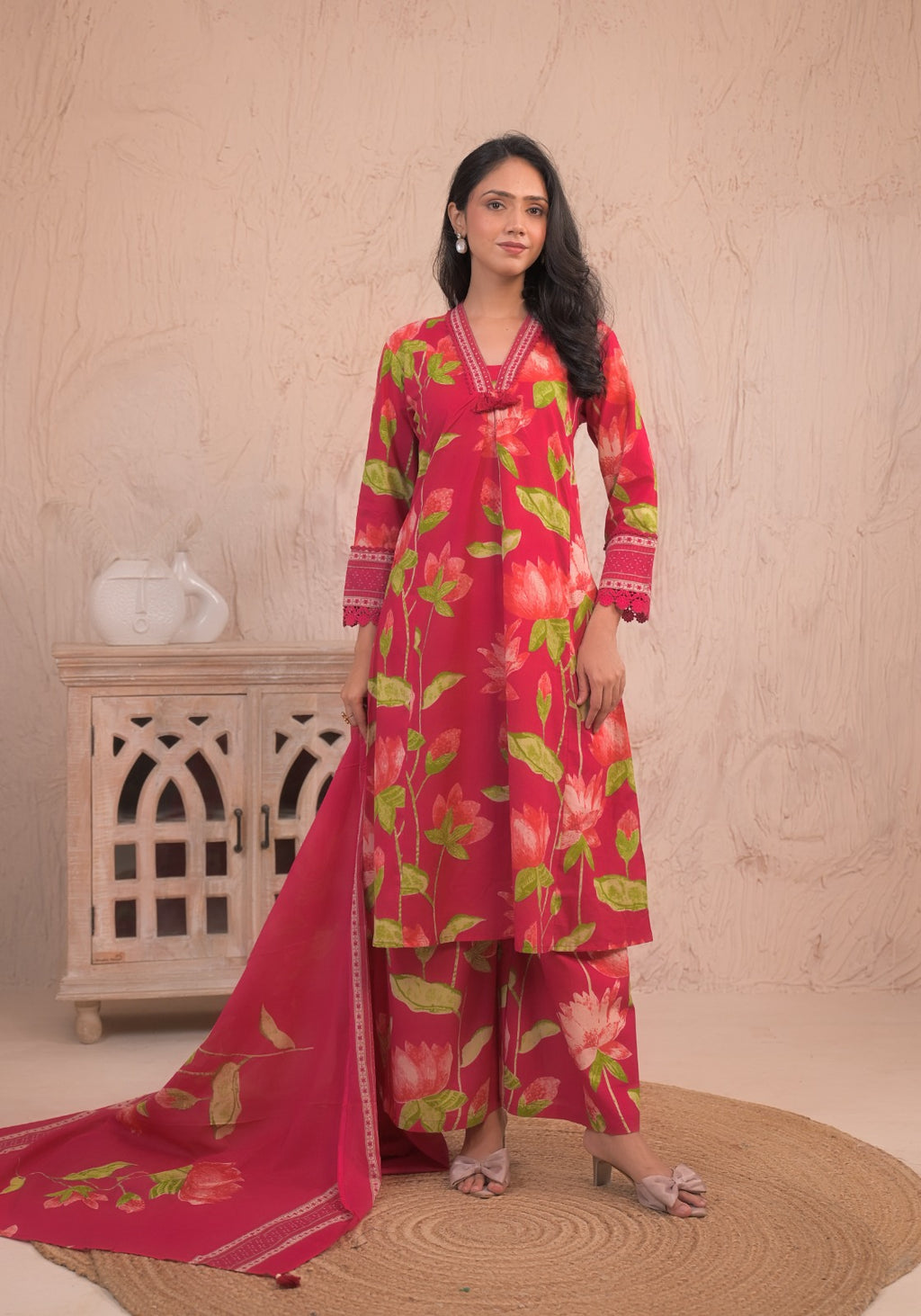 Dark Pink Floral Kurta Set with Dupatta