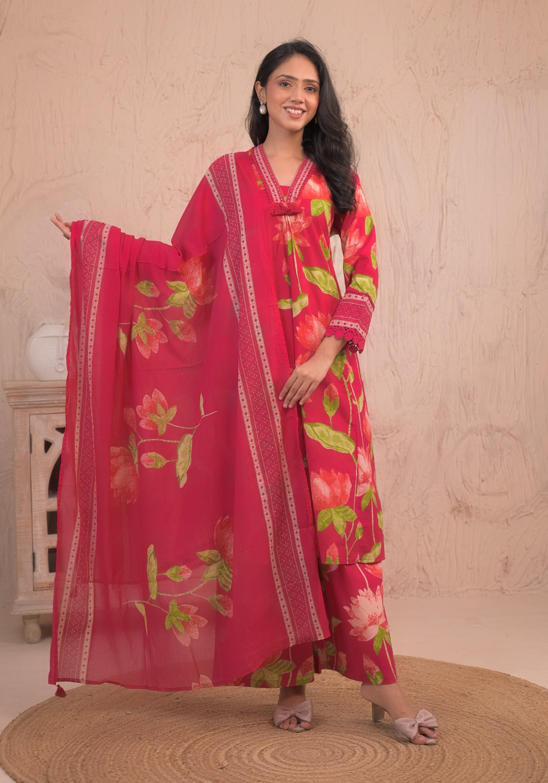 Dark Pink Floral Kurta Set with Dupatta