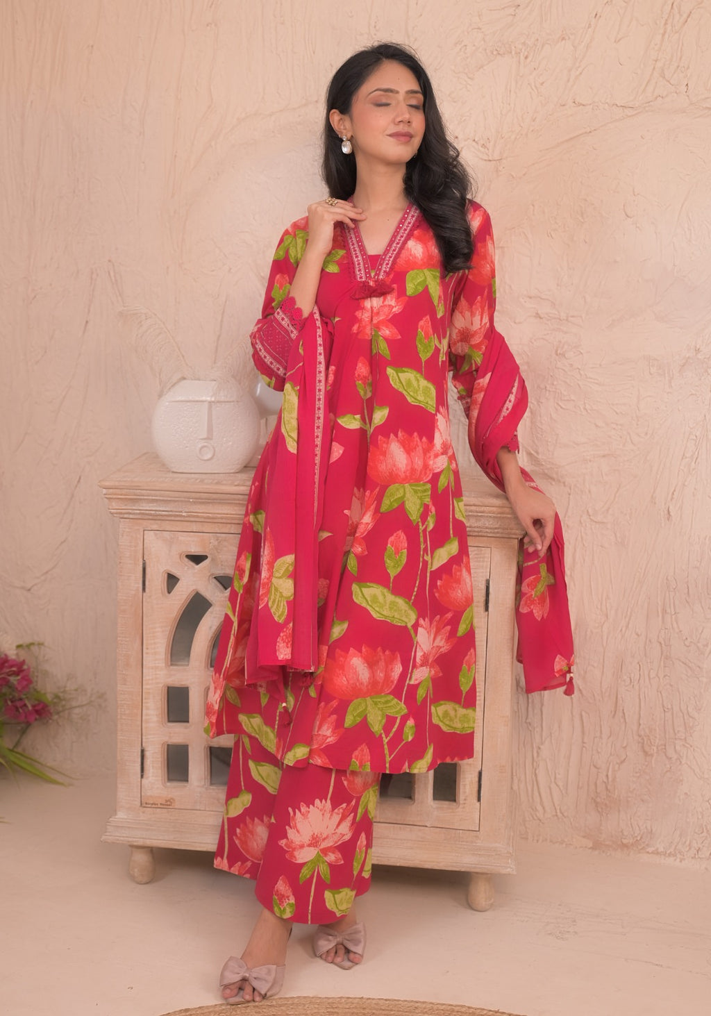 Dark Pink Floral Kurta Set with Dupatta