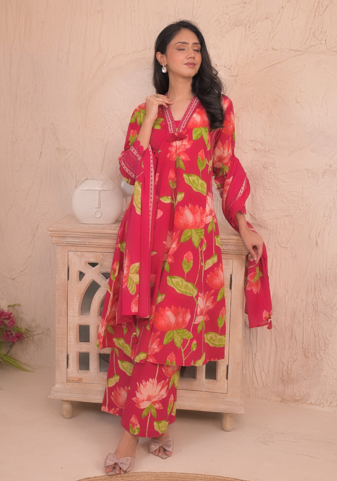 Dark Pink Floral Kurta Set with Dupatta