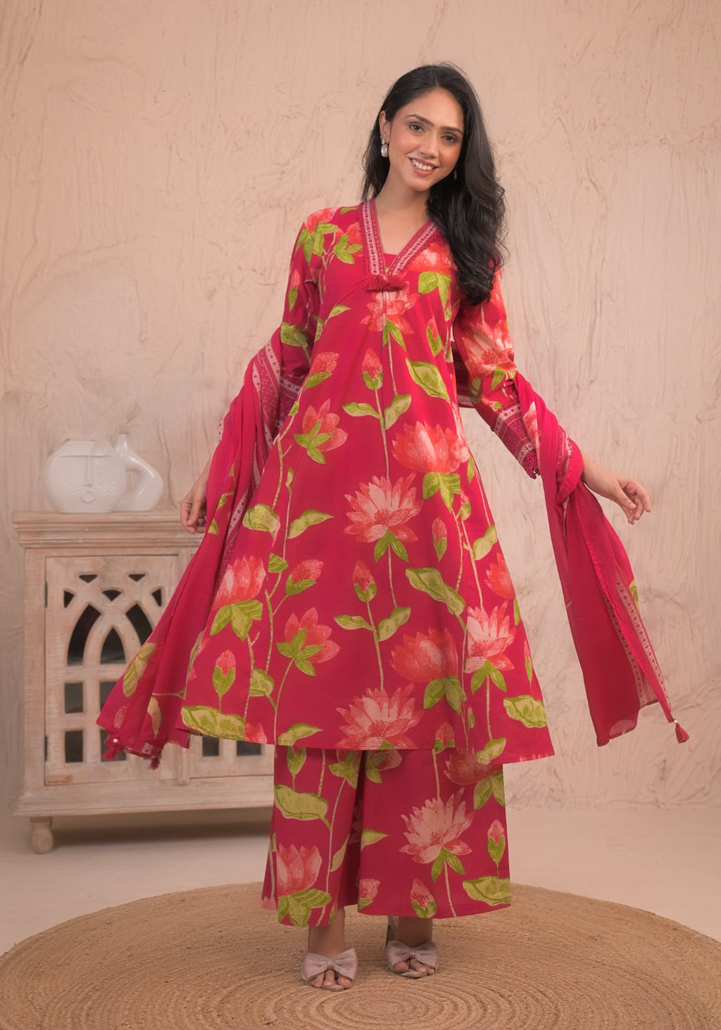 Dark Pink Floral Kurta Set with Dupatta