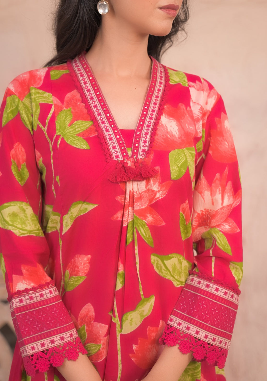 Dark Pink Floral Kurta Set with Dupatta
