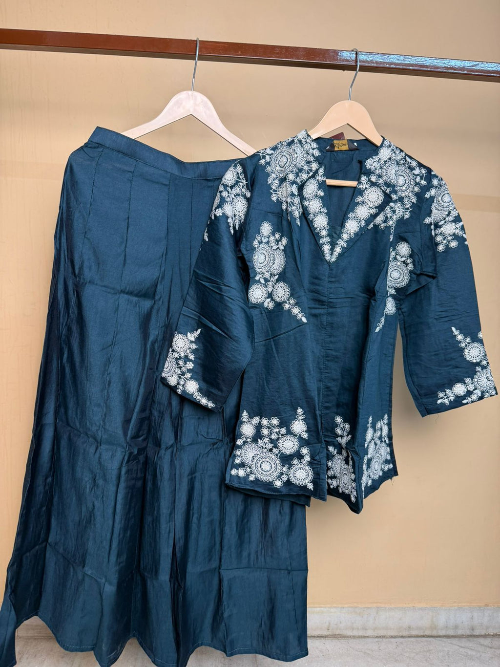 Regal Navy Co-ord Set with White Embroidered Detailing