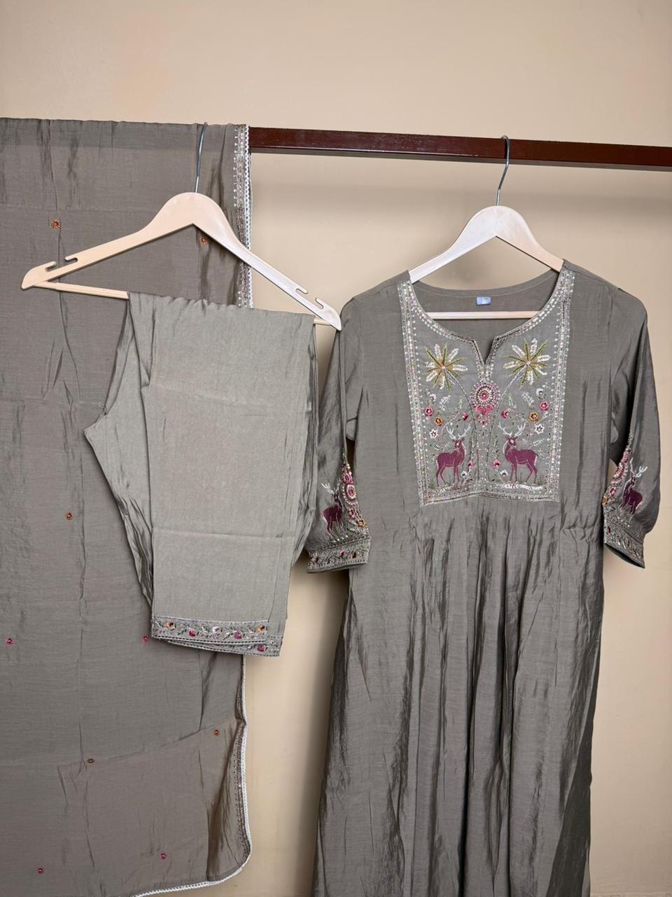 Elegant Taupe 3-Piece Embroidered Suit Set