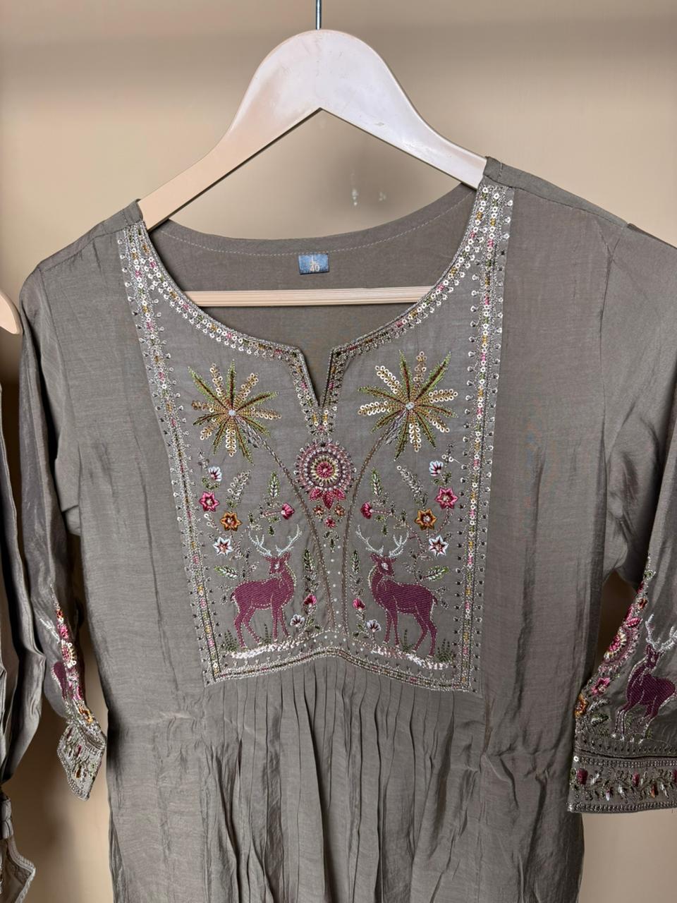 Elegant Taupe 3-Piece Embroidered Suit Set