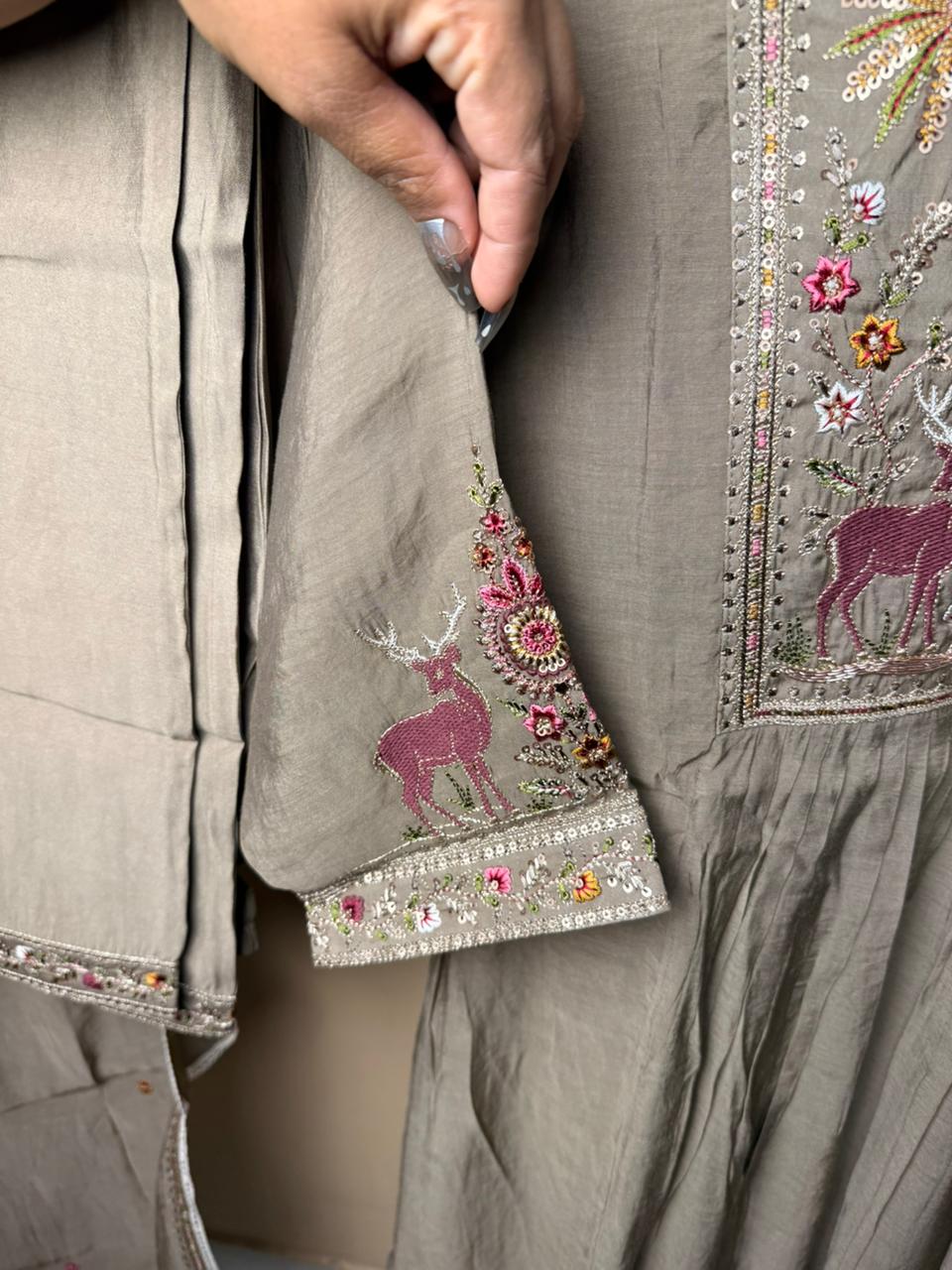 Elegant Taupe 3-Piece Embroidered Suit Set