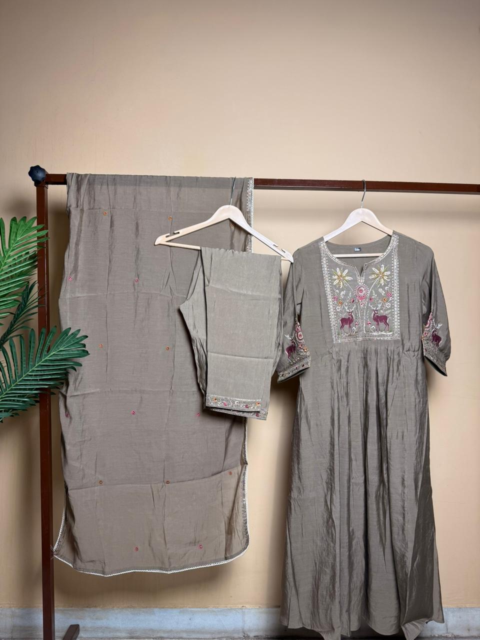 Elegant Taupe 3-Piece Embroidered Suit Set