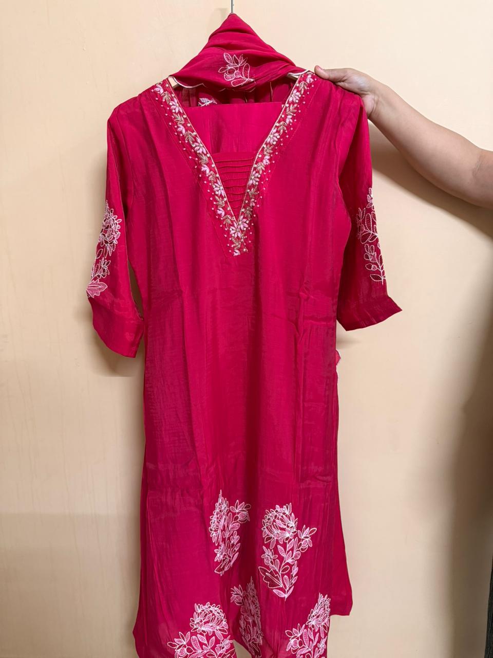 Vibrant Fuchsia Pink 3-Piece Embroidered Suit Set